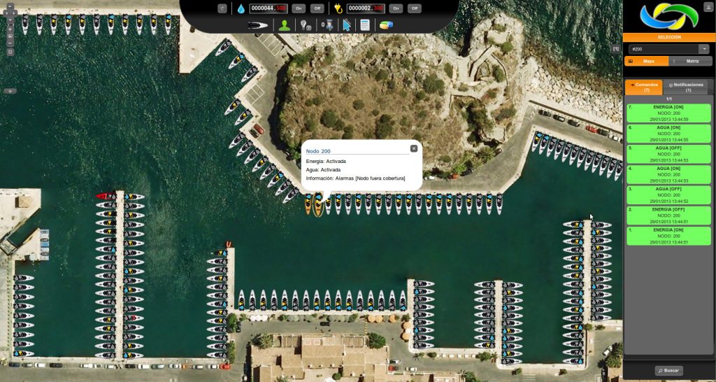 Mapa de la app de Hermes Marinas: control de suministros de electricidad y agua en embarcaciones
